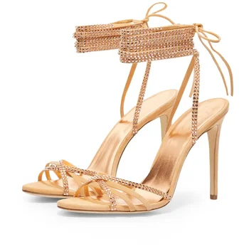Zlato Strappy Sandále Crystal Tenké Vysokým Podpätkom Módne 2022 Letné Sandále Čipky Stiletto Päty Otvorené Prst Ženy Šaty, Topánky
