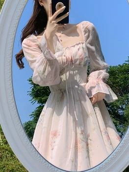 2023 Lete Vintage Kvetinové Šaty Žien Dlhý Rukáv Sladké Elegantné Midi Šaty Office Lady Party Jeden Kus Oblečenia Kórejský Móda