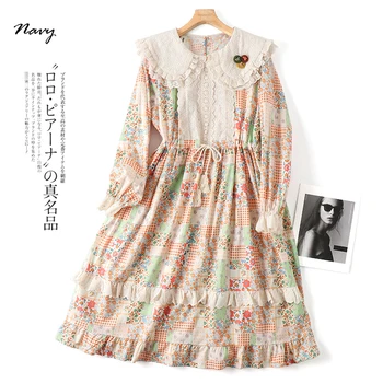 Vintage Vyšívaný Kvetinový Dlhým rukávom Šaty Japonskom Mori Dievča Vytlačené Šnúrkou Pás Šaty Sladké Peter Pan Golier Vestido