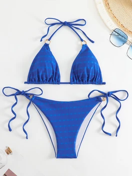 Sexy Modré Bikiny Žien Push Up Plavky S Uväzovaním Za Kravatu Strane Krúžok Prepojené Trojuholník Plavky 2023 Brazílsky Vystrihnúť Plavky Mikro Plavky
