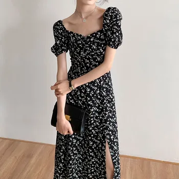 Retro Chic Fashion Split Kvetinový Dizajn Tlače Slim Midi Šaty pre Ženy Elegantný Krátky Rukáv Žena Bodycon Šaty Letné 2023