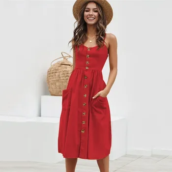 2023 Príležitostné Tlače Letné Plážové Šaty Sundress Sexy Špagety Popruh Tvaru Tlačidlo Ženy Midi Vestidos Červený Župan Femme