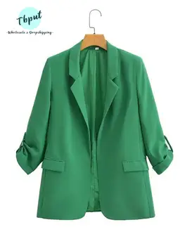 Ženy elegantné pevné sako bunda módne rollable dlhý rukáv klope jar jeseň kabát topy 2023 bežné elegantné vrecku outwear