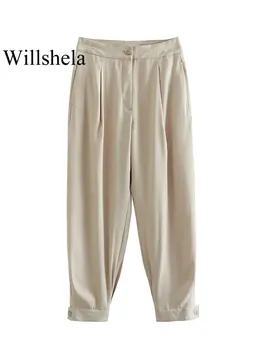 Willshela Ženy Móda Khaki Skladaný Predný Zips Nohavice Vintage Vysoký Pás Celej Dĺžke Žena Lady Chic Bloomers Nohavice