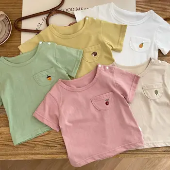 Košele a blúzky, vyšívané ovocie vrecku tričko pre chlapca, dievča baby detská letná bavlna solid farba-krátke rukávy T-shirt čaj