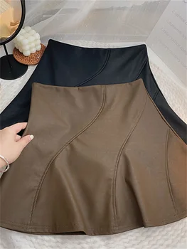 Yitimoky Čierne Kožené Sukne Ženy Vysoký Pás Mini Sukne Office Dámy Jeseň Zima 2022 Vintage A-LINE kórejský Módne Oblečenie