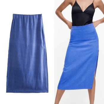 Za 2021 Polka Dot Štrbinou Sukne Ženy Modrá Vysoký Pás Dlhé Sukne Žena Vintage Jeseň Midi Sukne Módne, Elegantné Sukne