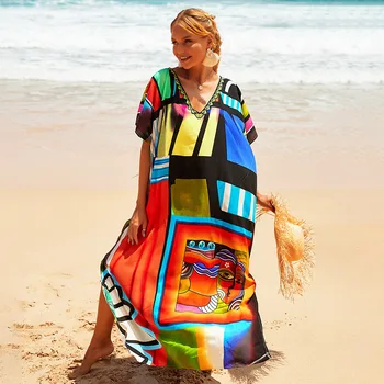 2023 Vytlačené tvaru Plavky Cover-Up Ženy Kaftan České Boho Maxi Šaty Bavlna Letné Beach Opotrebenie Krytu Nahor Vestidos Mujer