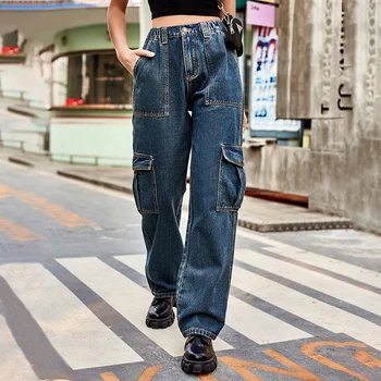 Ženské Cargo Nohavice Y2K Voľné Rovné Džínsy Fashion Street Vysoký Pás Multi Vrecká Bežné Dámy Blue Denim Nohavice