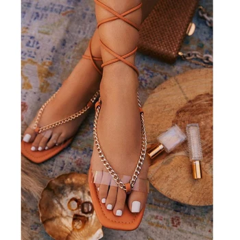 2021 Letné Sandále Módne Otvorené Prst Popruhu Topánky dámske Reťazca Dekorácie Vonkajšie Plážové Sandále Plus Veľkosť