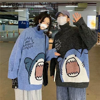 Ženy Turtleneck Svetre Cartoon Kawaii Japonskom Štýle Teplé Pulóvre Bf Páry Unisex Móda Streetwear Harajuku Retro College
