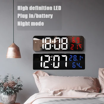 Veľké Digitálne Zrkadlo Nástenné Hodiny Teploty a Vlhkosti Zobrazenie Nočný Režim Stlmenia Tabuľka budíky 12/24H Elektronickej LED hodiny