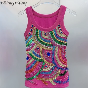 WHITNEY WANG styl Designer 2023 Jar Leto Streetwear Módy Ručné Flitrami Diamanty Lištovanie Nádrže Ženy Topy T-Shirt