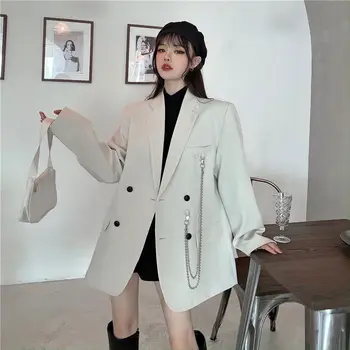 High street elegantné temperament reťazca sako ženy jeseň voľné dvojité breasted blejzre bežné ženské kórejský módne outwears