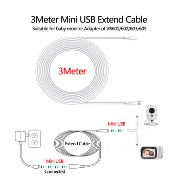 3 Meter Predlžovací Kábel Kábel pre Baby Monitor Napájací Adaptér Univerzálny, Vhodný pre VB601/603/605/607 Kamera Mini USB Konektor
