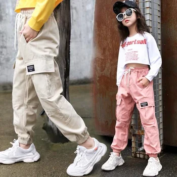 Oblečenie pre Teenagerov Dievčenské Nohavice Jeseň Roku 2023 Nový Štýl Detí Nohavice Bežné kórejský 12 ročná Dievčina Cargo Nohavice V Béžovej farbe