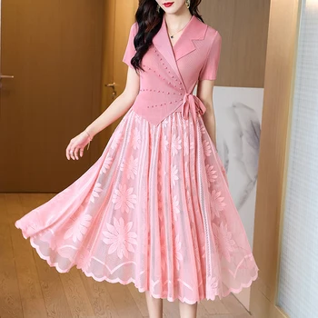 Miyake Skladaný Pink Elegantné Korálkové Fairy Party Šaty pre Ženy Elegantný Oblek Golier, Čipka, Šitie Žena Slim Večerné Šaty 2023