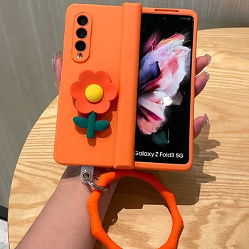 Móda Roztomilý Kvet Oranžový Pevného PC Phone Kryt Pre Samsung Galaxy Z Násobne 5 4 3 5 G Záves Chránič Prenosné Silikónový Náramok Prípade