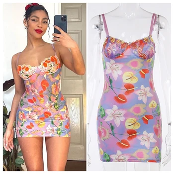 Kvetinový Tlač Cami Mini Šaty Cute Sexy Club Oblečenie pre Ženy Letné Oblečenie 2023 Backless Bodycon Šaty