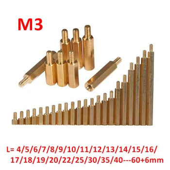 M3 Hex Mosadz prázdnemu dištančné Muž 6 mm x Samica 3-60 mm Meď Hexagon Stud Dištančné Medi Duté Stĺpiky PCB Dosky M3*(4-50)+6 mm