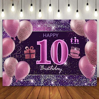 Šťastný 10. Narodeniny Party Dekorácie Pozadie Tortu Banner Ružová Fialová Balón Lesk Flitrami Pozadí pre Dievčatá 10 Rokov