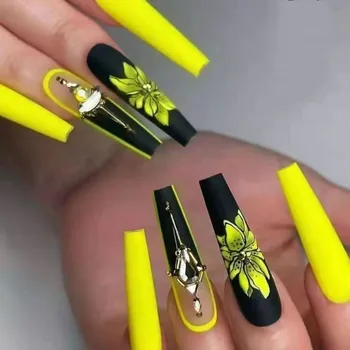 3D falošné nechty nastaviť, stlačte na umelú ongles kapsule francúzsky dlho rakva tipy DIY manikúra dodáva žlté kvety vzory false nechty