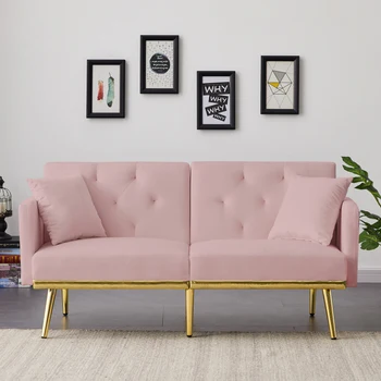 Velvet rozkladacia pohovka kabriolet futon pohovka 3 nastaviteľné polohy zlaté kovové nohy obývacia izba spáč gauč ružová