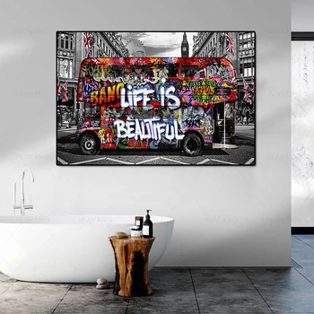 BANKSY Wall Art Plátno Tlačiť,Život Je Krásny Plátno na Maľovanie Londýne Meste Graffiti, Street Art Pop Plagát a Vytlačí Domova