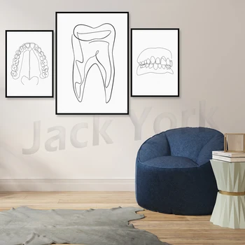Minimalistický Zubné Tlačová Predloha,Jeden Riadok Zuby Kreslenie, Abstraktné Protézy Wall Art,Jednoduché Anatómie, Náčrt, Lekár Office Dekor