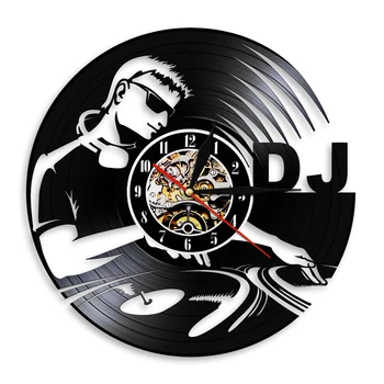 Rock N Roll DJ Prehrávač Siluetu Nástenné Hodiny Hudby Vintage Čierna Visí Vinyl Nástenné Hodiny Hodinky Darček Pre DJ
