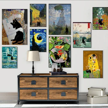 Čierna Mačka, Zábavné Monet Waterlily Mačky Van Gogh je Irises Matisse Plagát, Tlač Plátno na Maľovanie Prírodných Wall Art Obraz Izba Dekor