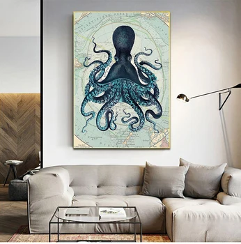 Kraken Chápadlá Chobotnice Vintage Poster Vytlačí Námorná A Pobrežná Wall Art Obraz Antarktídy Mapu Plátno, Maľovanie Na Steny Domov Dekor