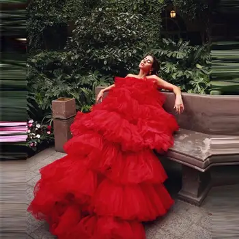 Luxusné Červené Extra Opuchnuté Tylu Šaty Dĺžka Podlahy Viazané Flouncing Party Šaty Bez Ramienok Ženy Plus Veľkosť Tylu Šaty