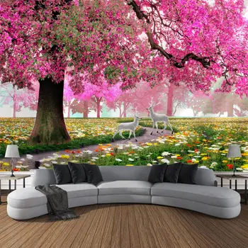 Čerešňový Kvet Krajiny Gobelín Ružové Kvety, Stromy, Lesný Park Záhrada Stene Visí Spálňa Izba Estetika Domáce Dekorácie