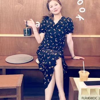 Kórea Elegantné Volániky Šaty 2023 Ženy FLHJLWOC Kvetinový Dizajn medové týždne Dovolenku Vintage Čierna Kvet Nepravidelný jednodielne Šaty
