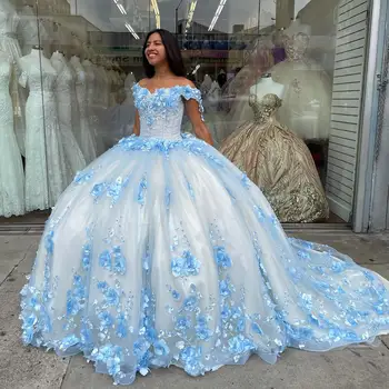 ANGELSBRIDEP Luxusné Svetlo Modrá Quinceanera Šaty Flower Lištovanie Appliques Vestidos De 15 Anos Formálne Narodeninovej Party Prom Šaty