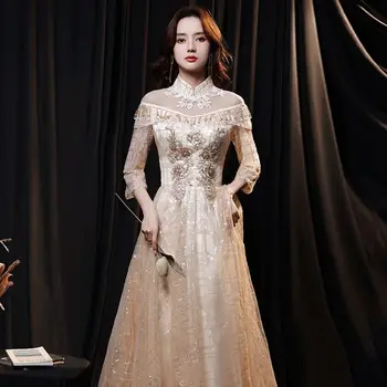 Šampanské spoločenské večerné šaty dámske 2023 nové dlhý elegantný temperament dámy výročná schôdza rozšírené textúra zimné štýl