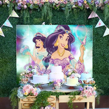 Cartoon Magic Disney Jasmine Aladdin Farebné Lesk Pozadie Dievča Princezná Happy Birthday Party Dekorácie Pozadí Banner