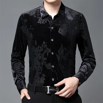 Luxusné Čierna Kvet Tričko Mužov Vysoko Kvalitný Transparentný Tričko Camisa Jeseň Košieľka Homme Kvetinový Tričko Mužov Odevy S-4XL Tričko