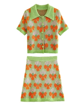 Nové dámske letné sladké topy all-zápas-krátke rukávy kvetinový žakárové pletený POLO tričko + kvetinový žakárové pletené sukne