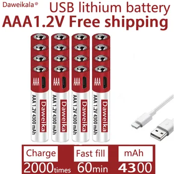 AAA USB nabíjanie 1.2 V AAA 4300mAH nabíjateľná lítiová batéria pre alarm zbraň diaľkové ovládanie myši hračka na batérie + DOPRAVA ZADARMO