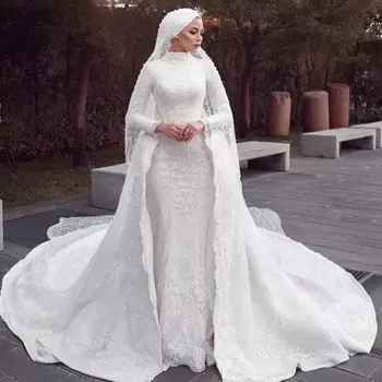 Vysoký Krk Dlhý Rukáv Plášť Moslimských Svadobné Šaty Čipky Hidžáb Svadobné Šaty S Odnímateľnou Vlak 2024