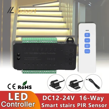 Smart LED Schodisko Krok Svetlo Bar Stmievateľné Regulátor DC 12V 24V 16 tak Max 240W s RF Diaľkové a 2 PIR Senzory