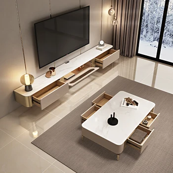 Moderné svetlo luxusné nástenné závesné TV, skriňa, konferenčný stolík kombinácia obývacej miestnosti plnej masívneho dreva rockboard TV skrinka