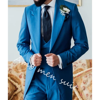 Modrá Bunda Sady Dlhé Svadobné Plné Obleky Pre Mužov Najnovší Dizajn Slim Fit Custome Koniarov Smoking 3piece Elegantné Šaty Homme Oblečenie