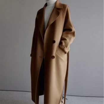 Dlhý Výkop Coats Ženy Zmiešaná Vlna Jacke 2023 Luxusné Zimné Oblečenie Dámske Béžová Elegantné kórejský Módne Čierna Bunda s Pásom