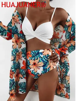 Nový Sexy Tri Kusy Bikini Set Zakryť Plavky Ženy Plavky Tlač Dlhý Rukáv, Plavky Plážové Oblečenie Plávanie Biquini