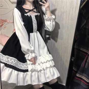 Japonský Harajuku Kawaii Lolita Čipky Šaty Žena Elegantné Fairycore Tmavé Estetické Dlhý Rukáv Šaty Y2k Alt Bežné Roztomilý Oblečenie