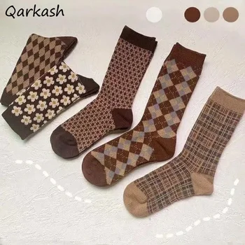 Ponožky Ženy Japonskom Štýle High School Dievčatá Pletenie Klasické 4pcs/set Design In Vintage Retro Móda a Stredného Trubice Tlačiť Bežné