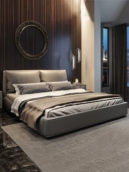 Taliansky ľahké luxusná kožená posteľ moderný jednoduchý spálňa kožené postele siete celebrity svadobné lôžko mäkká posteľ